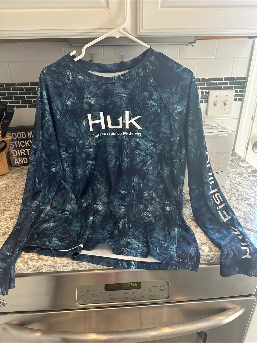 Huk Women's Long Sleeve Performance Fishing Tee in Navy Blue Tie-Dye